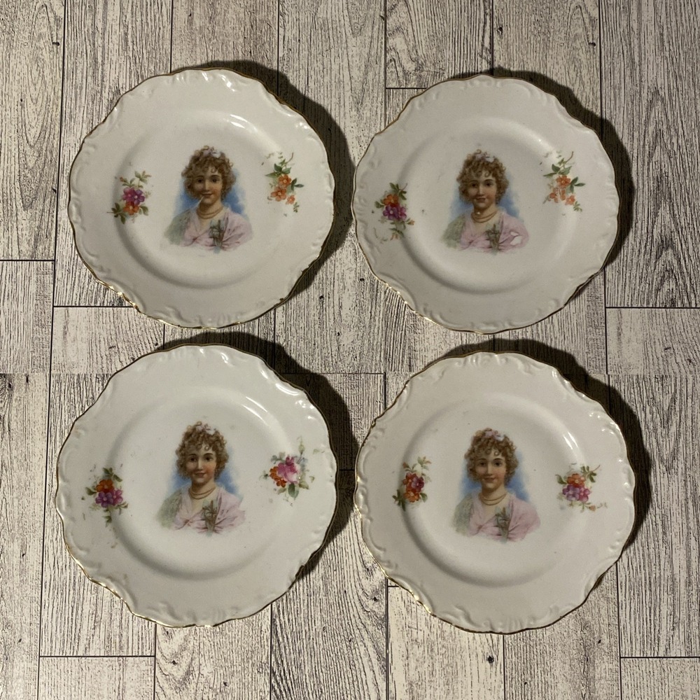 Set Of 4 Vtg Porcelain 5" Portrait Cameo Victorian Lady Plate German Scalloped